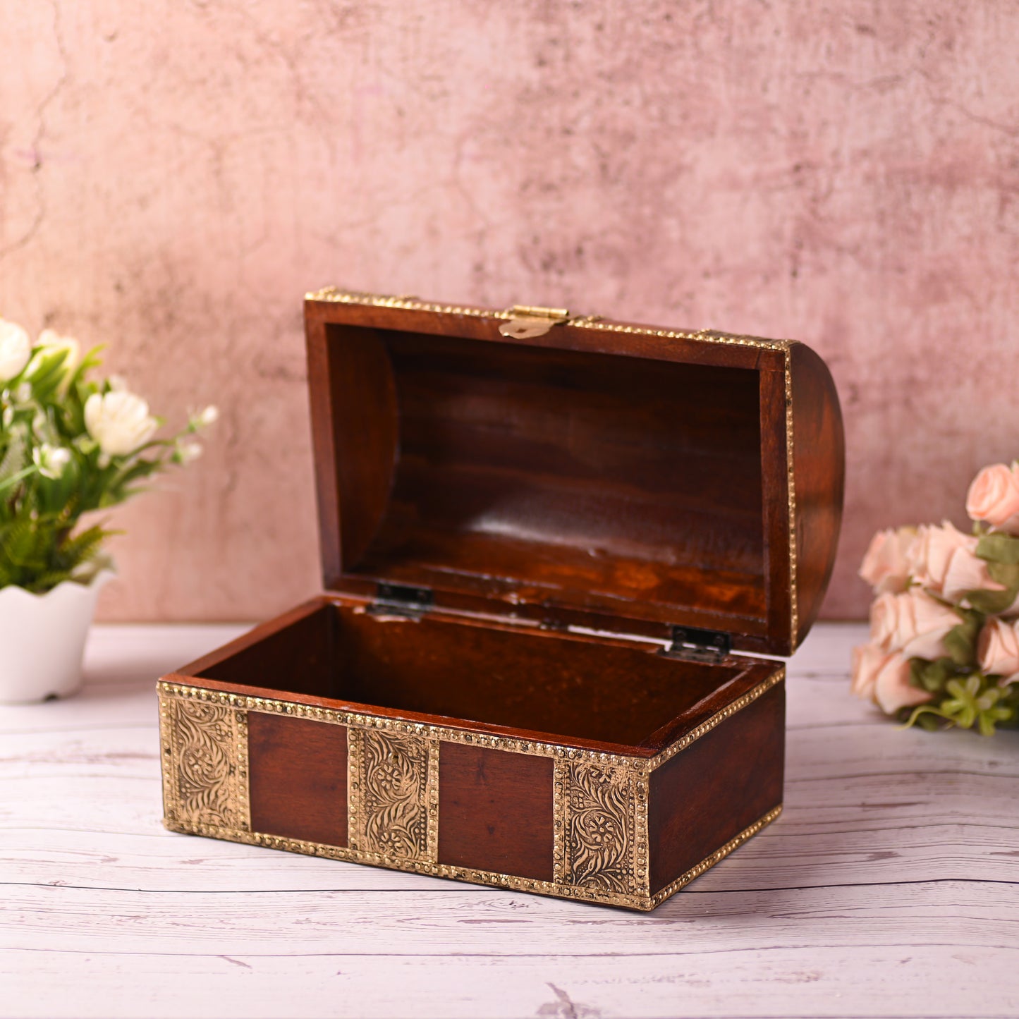 Wooden Jewellery Box for Women Jewel Organizer Square Carving with Brass Corner