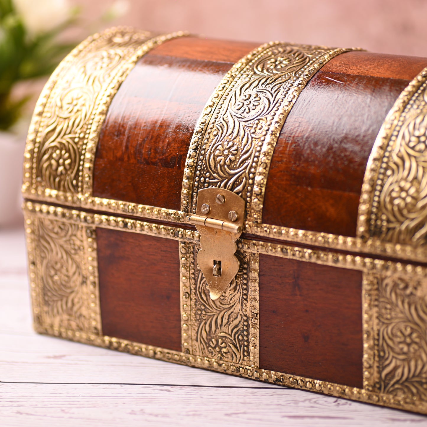 Wooden Jewellery Box for Women Jewel Organizer Square Carving with Brass Corner