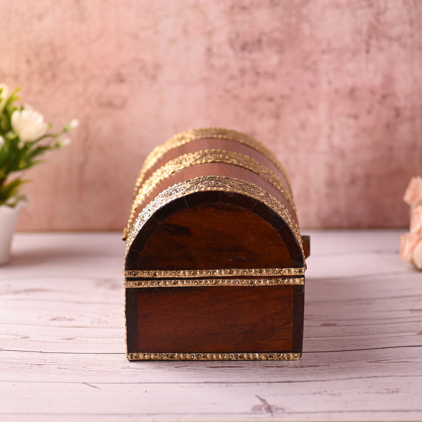 Wooden Jewellery Box for Women Jewel Organizer Square Carving with Brass Corner