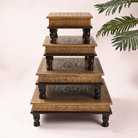 Traditional Wooden Brass Chowki Set of 4