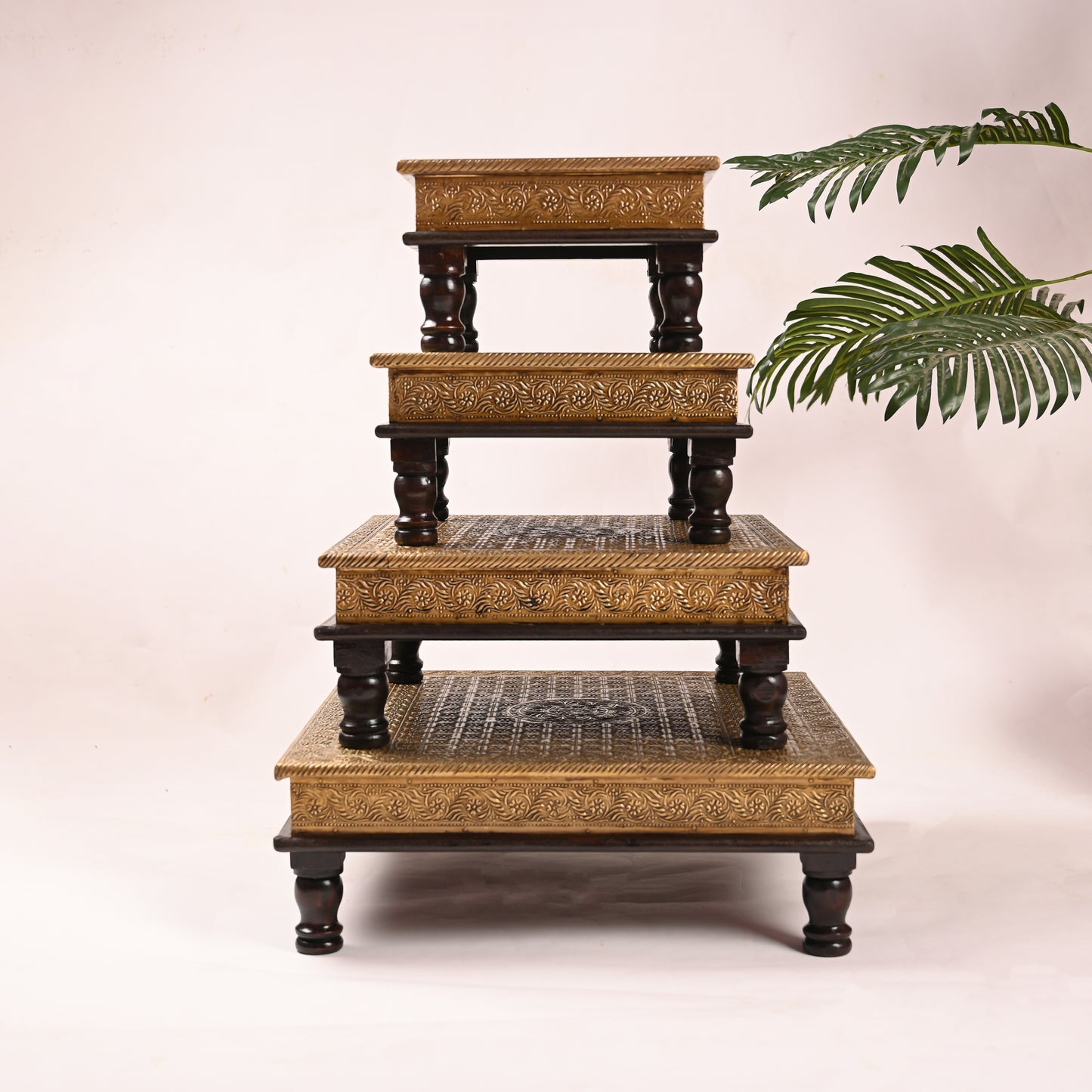 Traditional Wooden Brass Chowki Set of 4