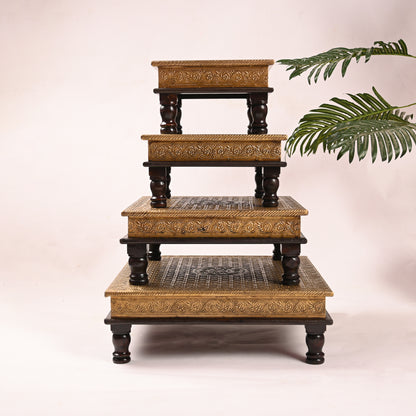 Traditional Wooden Brass Chowki Set of 4