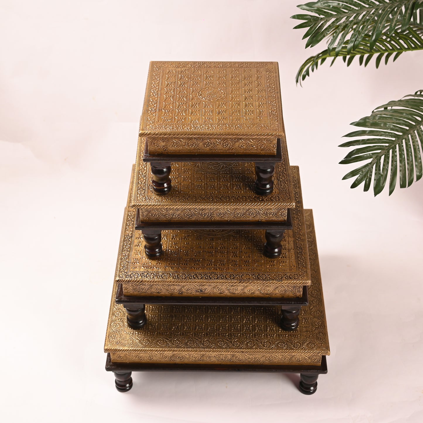 Traditional Wooden Brass Chowki Set of 4