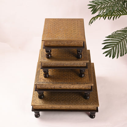 Traditional Wooden Brass Chowki Set of 4
