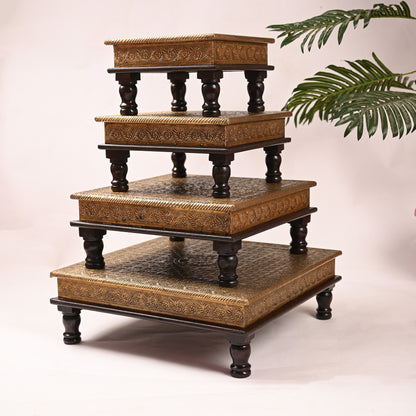 Traditional Wooden Brass Chowki Set of 4