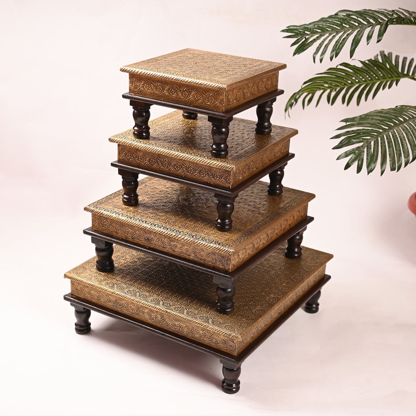 Traditional Wooden Brass Chowki Set of 4