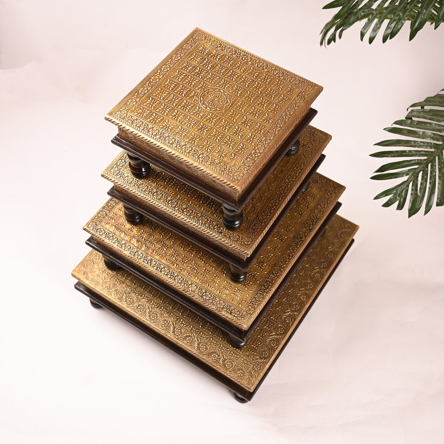 Traditional Wooden Brass Chowki Set of 4
