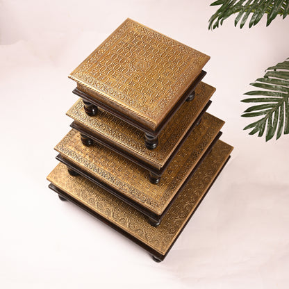 Traditional Wooden Brass Chowki Set of 4