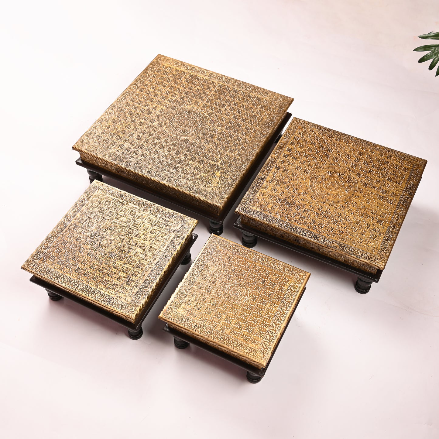 Traditional Wooden Brass Chowki Set of 4