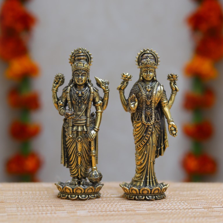 Brass Pair of Maa Lakshmi Vishnu Ji Standing Statue MATA Laxmi Vishnu Murti Lakshmi Narayan Idol for Home Temple Diwali Pooja