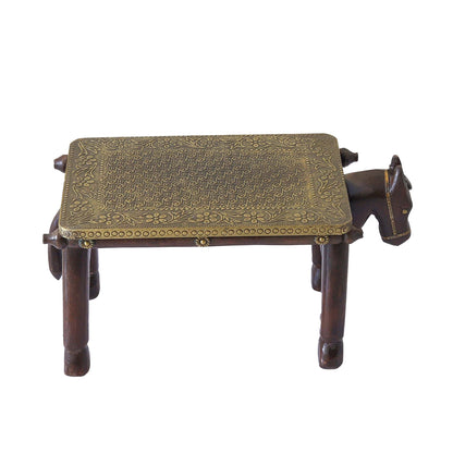 Wooden Horse Head Table/Brass Floral Fitting Stool/Indian Furniture/Wood Carved Side Table/Wood And Brass Work Bench/Folk Art
