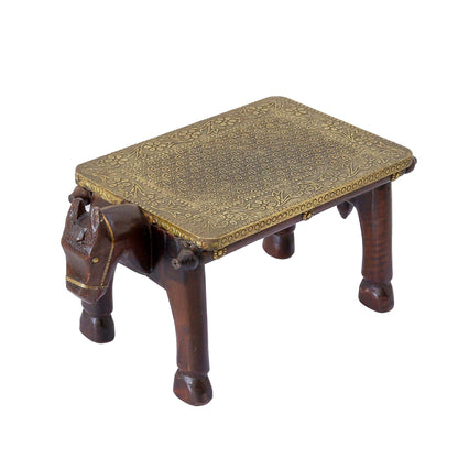 Wooden Horse Head Table/Brass Floral Fitting Stool/Indian Furniture/Wood Carved Side Table/Wood And Brass Work Bench/Folk Art