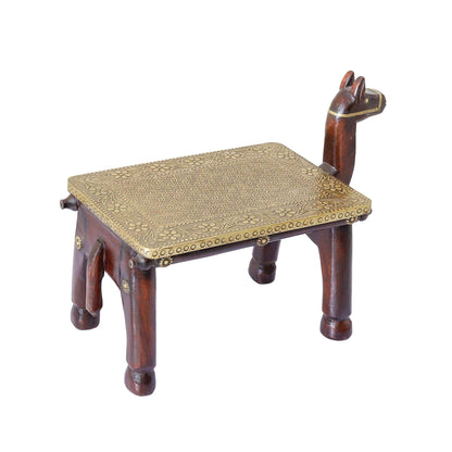 Wooden Camel Head Table/Brass Floral Fitting Stool/Indian Furniture/Wood Carved Side Table/Wood And Brass Work Bench/Folk Art