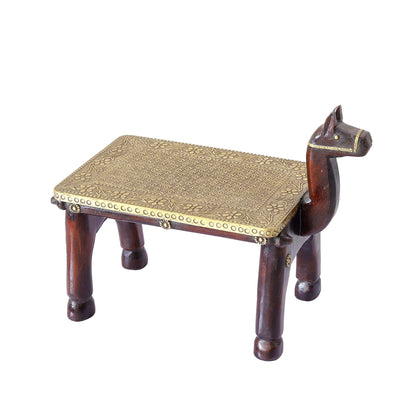 Wooden Camel Head Table/Brass Floral Fitting Stool/Indian Furniture/Wood Carved Side Table/Wood And Brass Work Bench/Folk Art