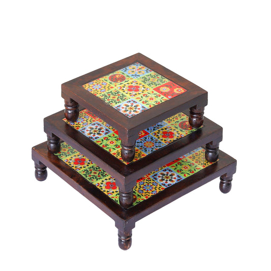 Multicolour Handpainted Wooden Chowki Set of 3