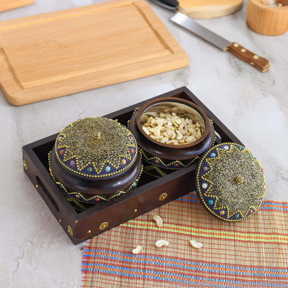 Handcrafted Wooden Dry Fruit & Spice Box with Wooden Bowls | Multipurpose Wooden Storage Container for Spices, Nuts & Snacks