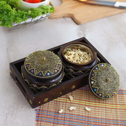 Handcrafted Wooden Dry Fruit & Spice Box with Wooden Bowls | Multipurpose Wooden Storage Container for Spices, Nuts & Snacks