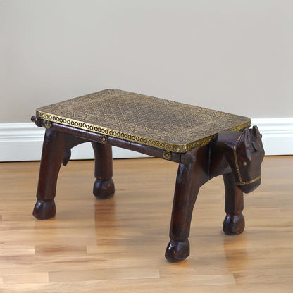 Wooden Horse Head Table/Brass Floral Fitting Stool/Indian Furniture/Wood Carved Side Table/Wood And Brass Work Bench/Folk Art