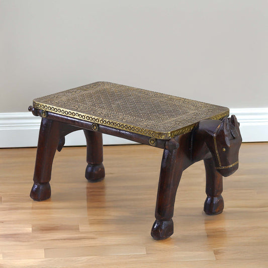 Wooden Horse Head Table/Brass Floral Fitting Stool/Indian Furniture/Wood Carved Side Table/Wood And Brass Work Bench/Folk Art