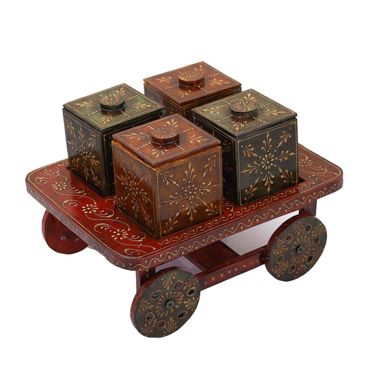 Earthy Wooden Dry Fruit Box Set with Tray on Wheels