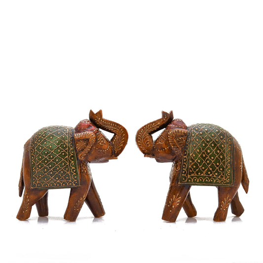 Handpainted Wooden Trunk Up Elephant Statue Set of 2