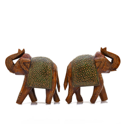 Handpainted Wooden Trunk Up Elephant Statue Set of 2