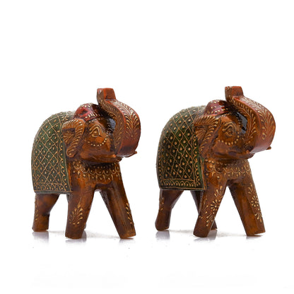 Handpainted Wooden Trunk Up Elephant Statue Set of 2