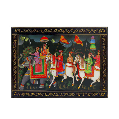 Handpainted Wooden Painting of Maharaja on a Visit with Troops