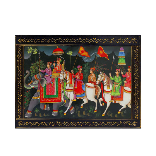 Handpainted Wooden Painting of Maharaja on a Visit with Troops