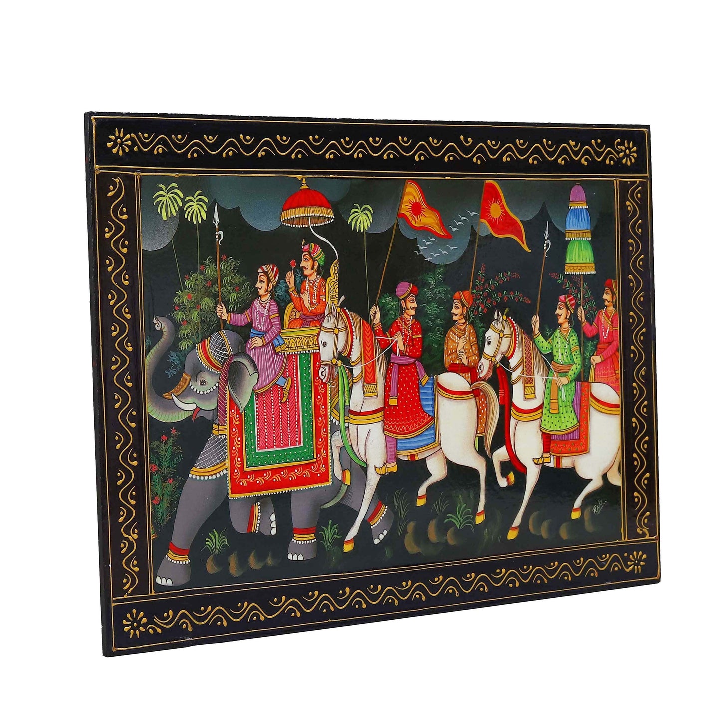 Handpainted Wooden Painting of Maharaja on a Visit with Troops