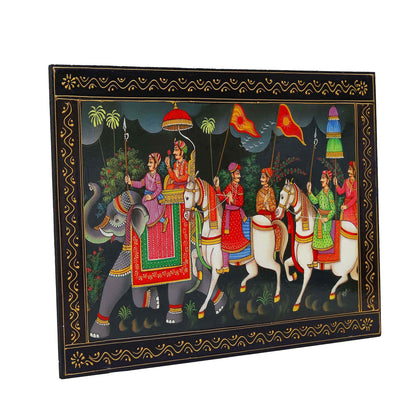 Handpainted Wooden Painting of Maharaja on a Visit with Troops