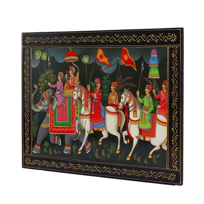 Handpainted Wooden Painting of Maharaja on a Visit with Troops