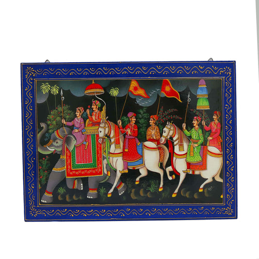 Traditional Wooden Painting of Maharaja on a Visit with Troops
