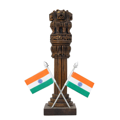 Wooden Carved Ashoka Stambh Pillar with Flags – Antique Copper Finish Premium Desk Décor | Office & Home Display | Ideal Gifting Item