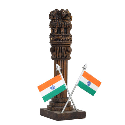 Wooden Carved Ashoka Stambh Pillar with Flags – Antique Copper Finish Premium Desk Décor | Office & Home Display | Ideal Gifting Item
