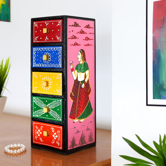 Home Decor Handcrafted Decorative Triangular Wooden Closet with 5 Drawers for Jewellery Multi Storage - (Multicolor) Hand Painting