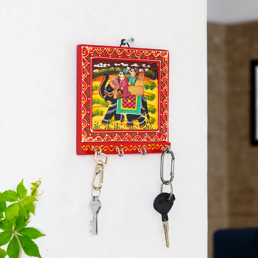 Wooden Rajasthani Art Work 4 Hook Hanging Key Holder - Brown