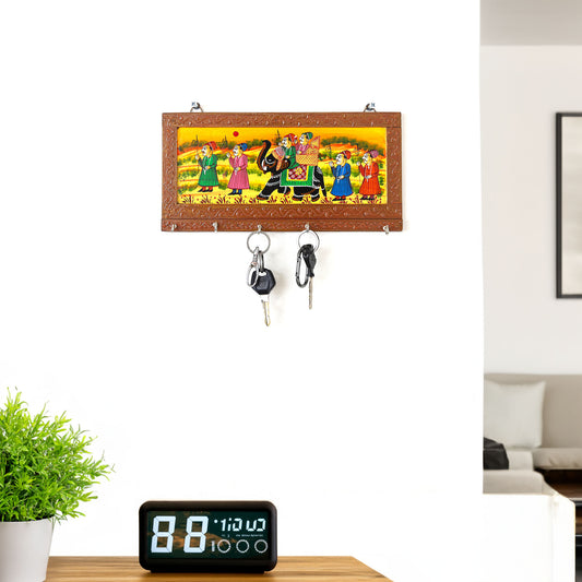 Wooden Rajasthani Art Work 6 Hook Hanging Key Holder - Brown