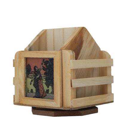 Wooden Revolving Pen Holder with Gemstone Bani Thani Painting Elegant Desk Organizer – Pen, Pencil & Card Stand for Office or Home
