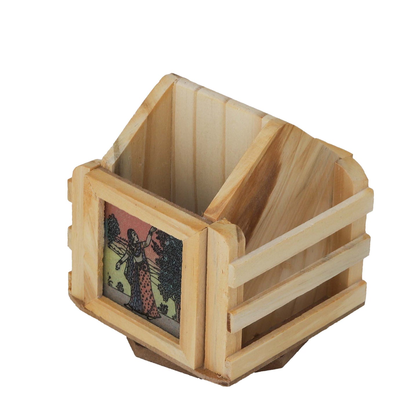 Wooden Revolving Pen Holder with Gemstone Bani Thani Painting Elegant Desk Organizer – Pen, Pencil & Card Stand for Office or Home