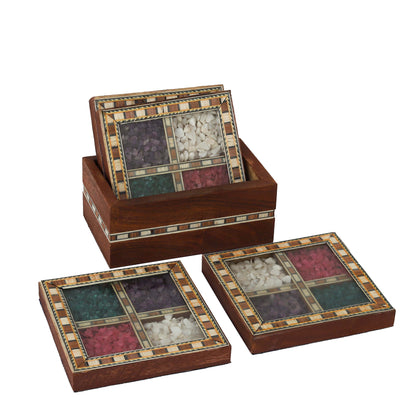 Antique Design Gemstone Wooden Tea Coaster Set (Set of 4) Elegant Handcrafted Coasters for Tea, Coffee & Table Décor