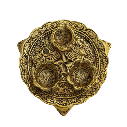 Metal Pooja Thali with Diya, Swastik & Floral Design Traditional Pooja Plate for Festivals, Rituals & Gifting