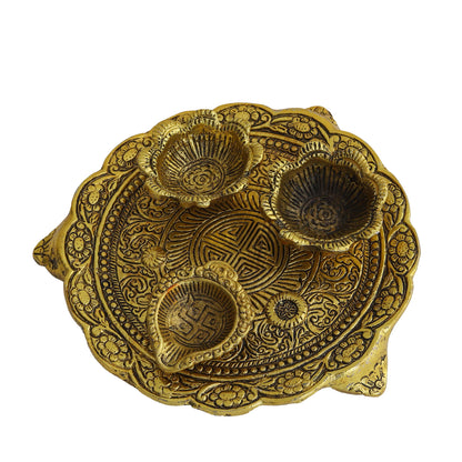 Metal Pooja Thali with Diya, Swastik & Floral Design Traditional Pooja Plate for Festivals, Rituals & Gifting