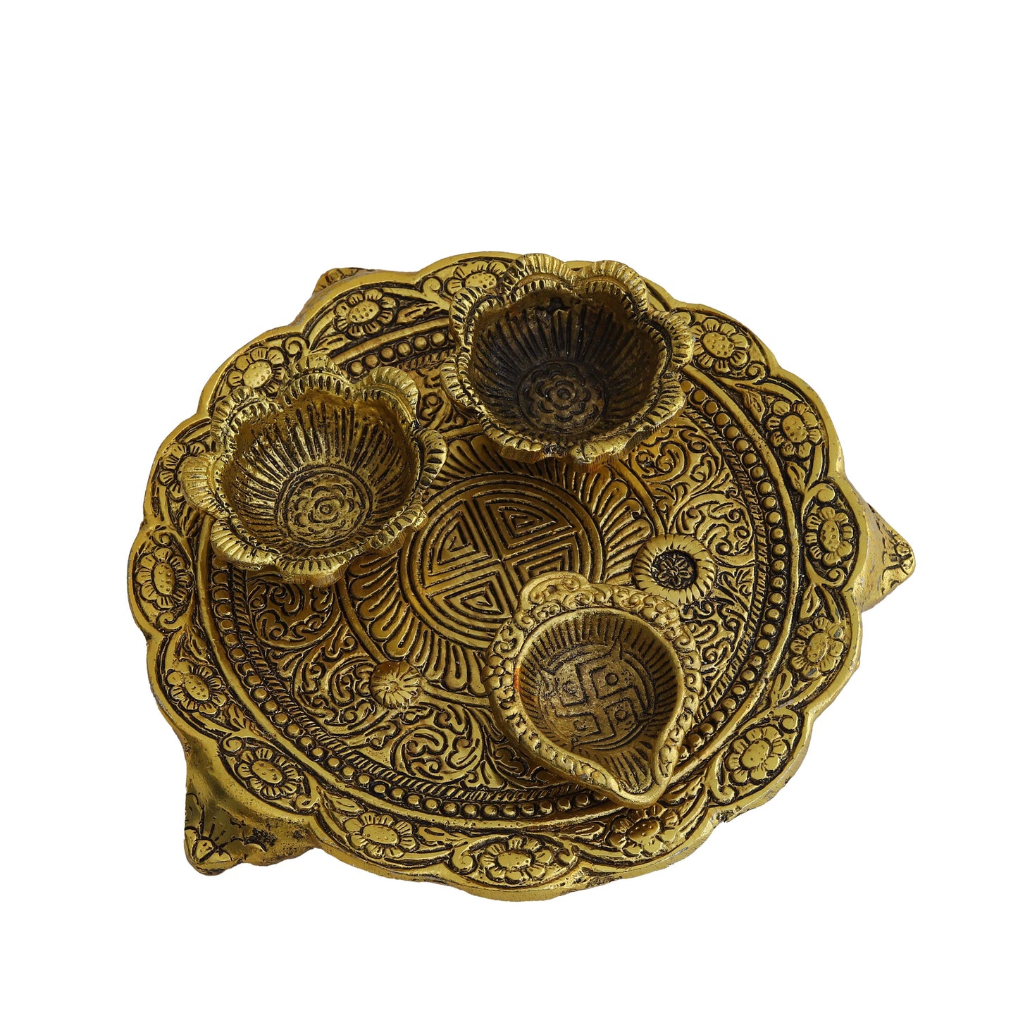 Metal Pooja Thali with Diya, Swastik & Floral Design Traditional Pooja Plate for Festivals, Rituals & Gifting