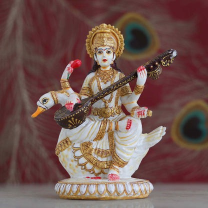 Resin Saraswati Idol Sculpture Elegant Goddess of Wisdom | Home Temple, Office & Gift Décor