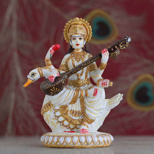 Resin Saraswati Idol Sculpture Elegant Goddess of Wisdom | Home Temple, Office & Gift Décor