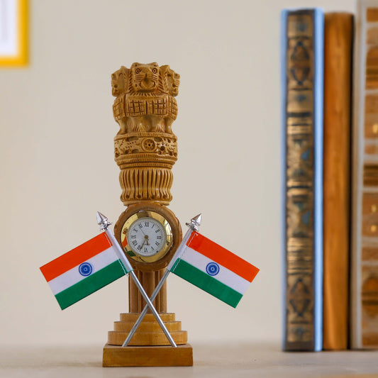 Wooden Carved Ashoka Stambh Pillar with Flags & Clock (Brown)