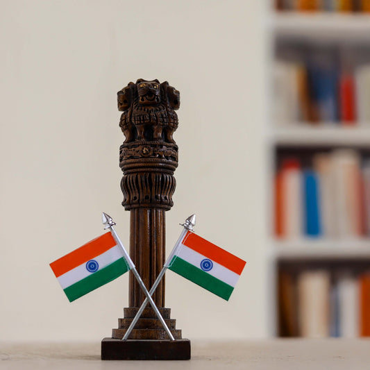 Wooden Carved Ashoka Stambh Pillar with Flags – Antique Copper Finish Premium Desk Décor | Office & Home Display | Ideal Gifting Item