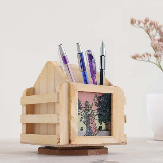 Wooden Revolving Pen Holder with Gemstone Bani Thani Painting Elegant Desk Organizer – Pen, Pencil & Card Stand for Office or Home
