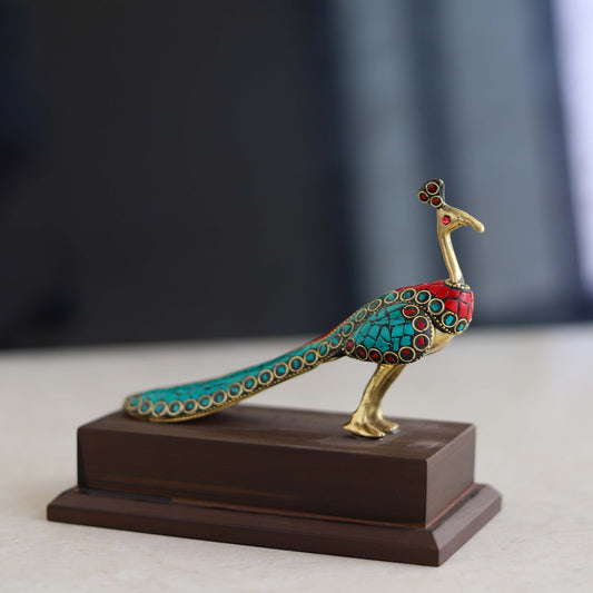 Brass Peacock Bird Figurine with Stone Work – Elegant Tabletop Showpiece for Home & Living Room Décor